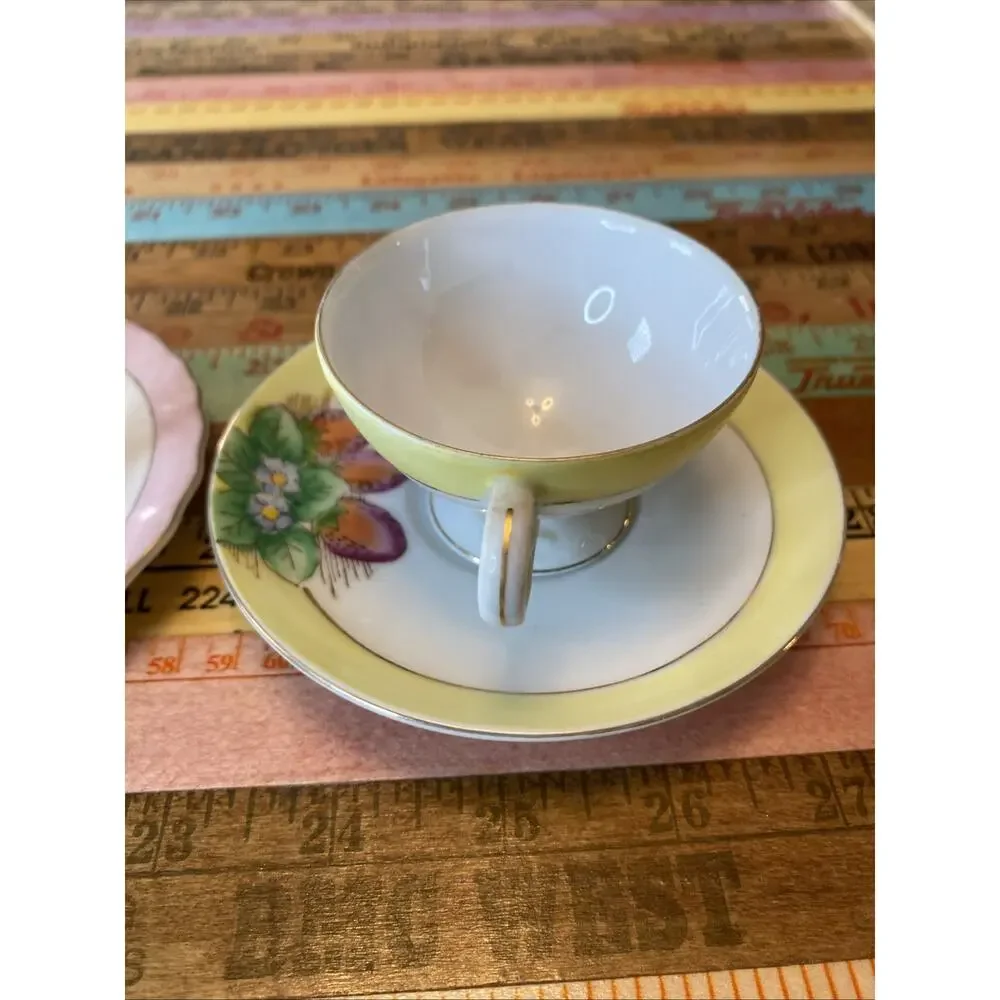 Fern Japan Hand Painted Tea Cup & Saucer Set Of 2 Strawberries Floral 4 PCs